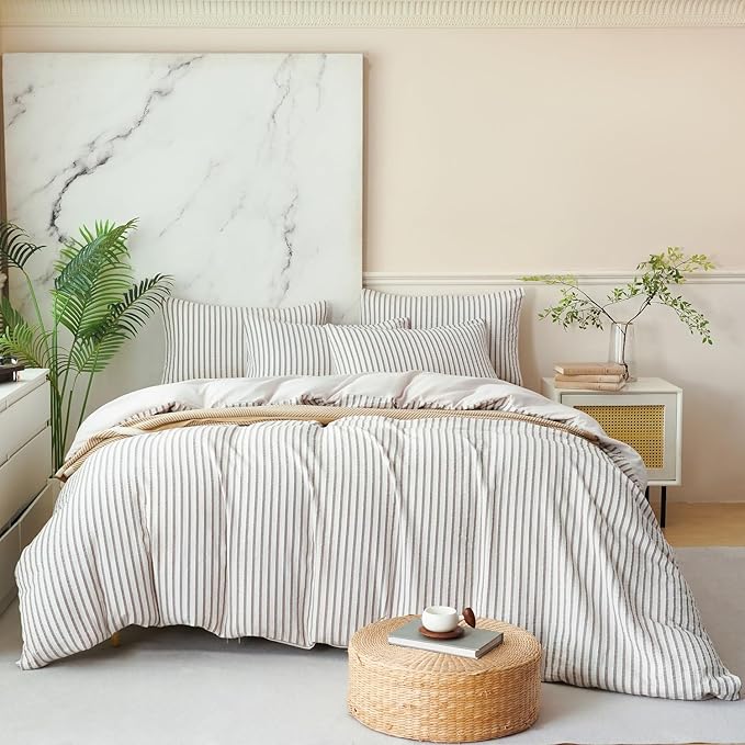 Luxury Grey Comforter Set Queen - Washed Microfiber 3 Pieces Jacquard Bedding, White & Grey Vertical Ticking Stripes Pattern Comforter with 2 Pillowcases, Soft Breathable Durable Comfy