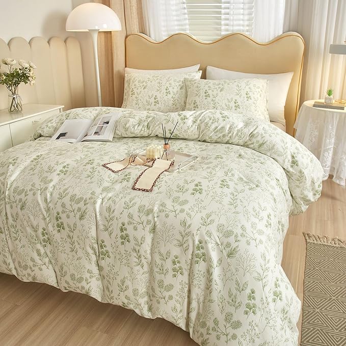 EAVD Fresh Green Floral Comforter Set Full White Fluffy Soft Microfiber Chic Garden Floral Bedding Full Bed Comforter and 2 Pillowcases Reversible Vintage Botanical Comforter Set for All-Season