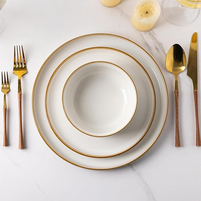 GBHOME Ceramic Dinnerware Sets for 8, 24 Pieces Stoneware Plates and Bowls Sets, Scratch Resistant Dishes, Dishwasher & Microwave Safe, Reactive Glaze-Pearl White