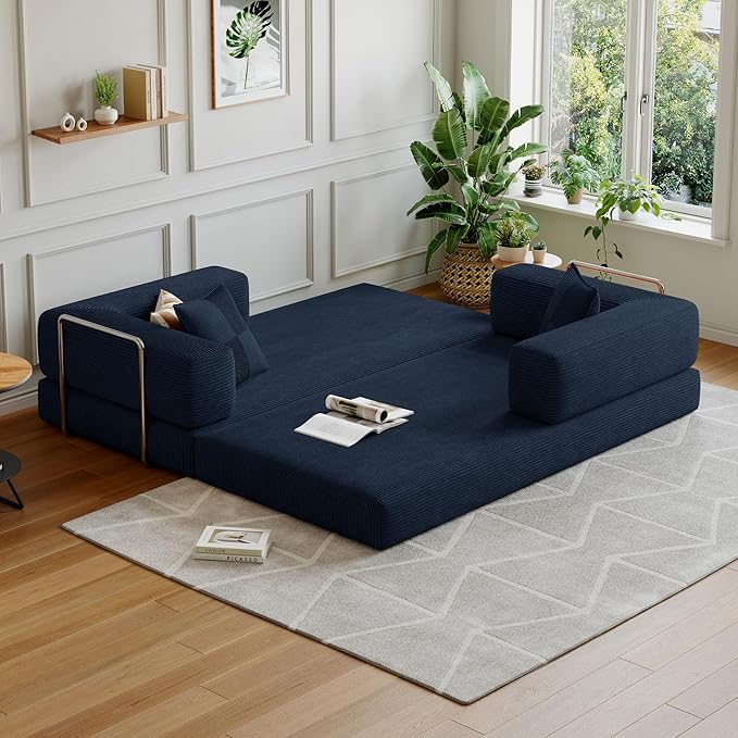 78.8''Convertible Sleeper Sofa Bed,Compressed Floor Boneless Couch,Modular Modern Corduroy Sofa for Living Room Bedroom -with Fixed-Shape Frame and Support Armrest,Easy Assembly(Dark Blue