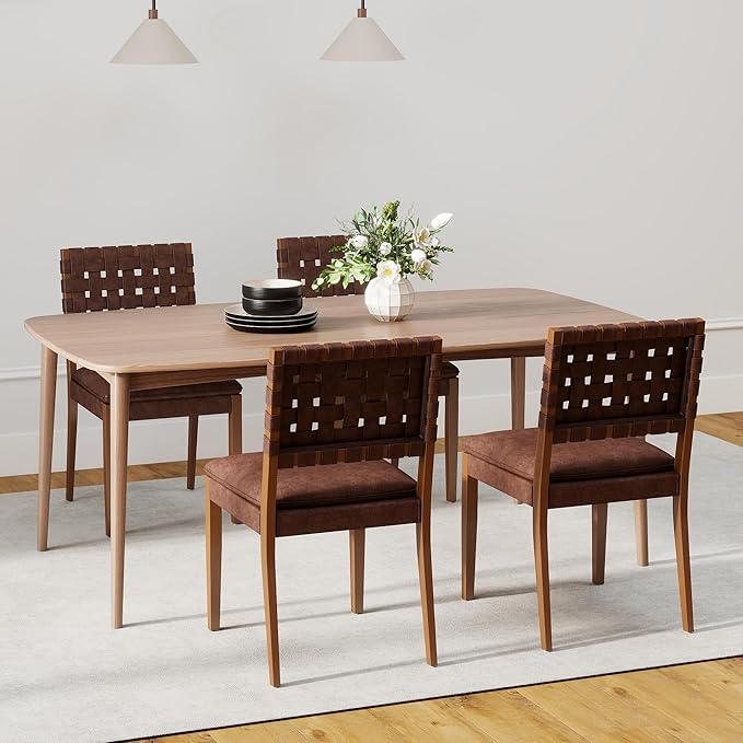 Woven Faux Leather Dining Chairs Set of 6, Farmhouse Upholstered Kitchen Chairs with Wooden Legs Armless Accent Side Chairs for Dining Room/Restaurant, Brown