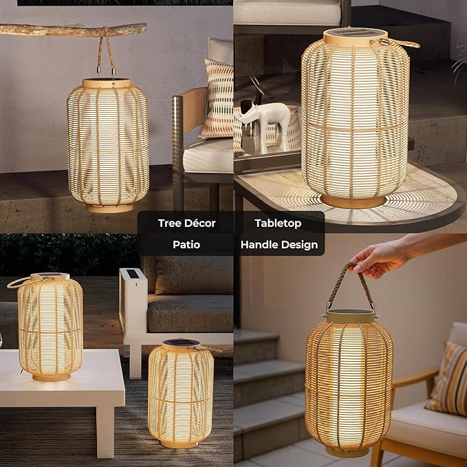 Solar Yard 1-Piece Outdoor Floor Lamp, Solar Water-Resistant Boho Lantern Lights for Outside Hanging Table Lanterns Decoration for Garden, Patio, Porch, Trees, Pathway, Cylinder Natural