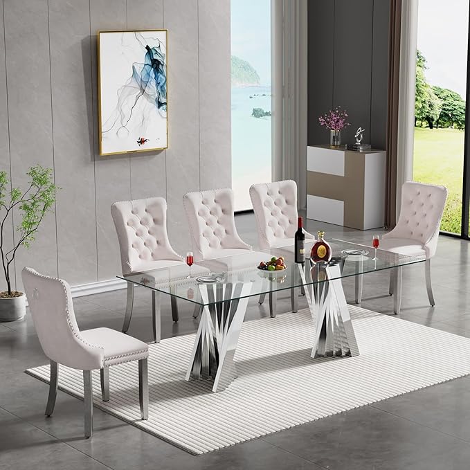 Goujxcy Modern 5 Piece Glass Dining Table Set Luxury Glass Kitchen Table and Chair Set for 4, 70" Large Rectangular Dining Room Table with 4 Tufted Chairs and Stainless Steel Legs (Silver & Beige)