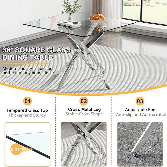 Goujxcy Glass Dining Table Set for 4, Modern Kitchen Table and Chairs Set of 4, 5-Piece Kitchen Dining Room Table Set w/36 Square Silver Glass Dining Table and 4 Grey Velvet Upholstered Chairs