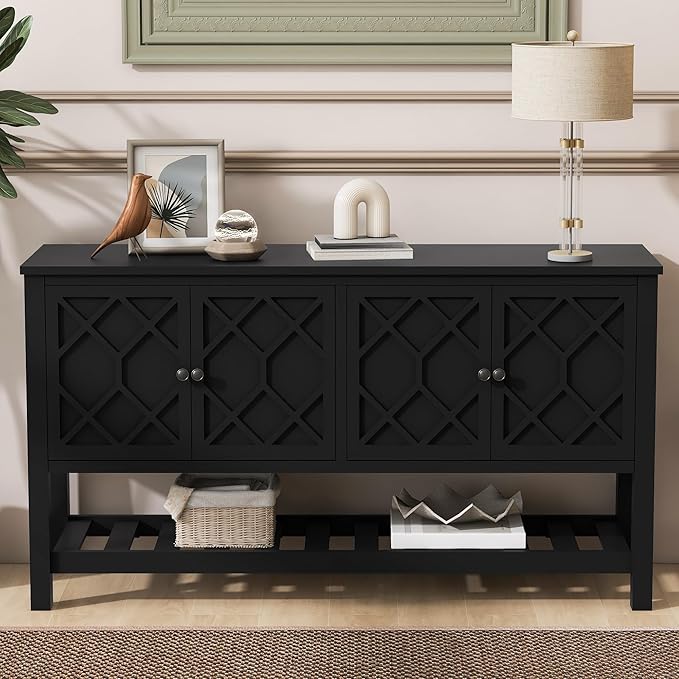Elegant 60'' Entryway Console Table with 4 Doors and Functional Bottom Shelf, Wood Storage Cabinet Sideboard for Dining Room Living Room Office (Black-HK)