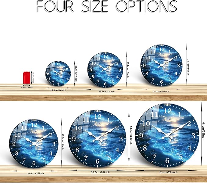 Modern Round Wall Clock 14 inch Wooden Blue Tears Wall-Clock with Tempered Film Silent Analog Clock for Bedroom, Office, Living Room Decor