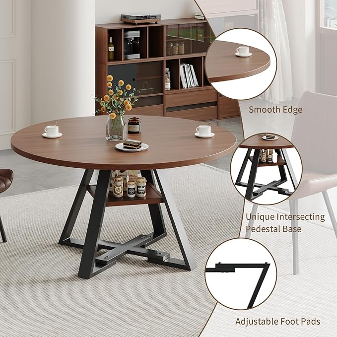 Walnut Round Dining Table Set for 4, Mid-Century Modern Kitchen Table and Chairs, Small Space Dining Room Furniture for Apartment, Breakfast Nook or Studio (Boxwood-Storage Table+4 Black Chairs)