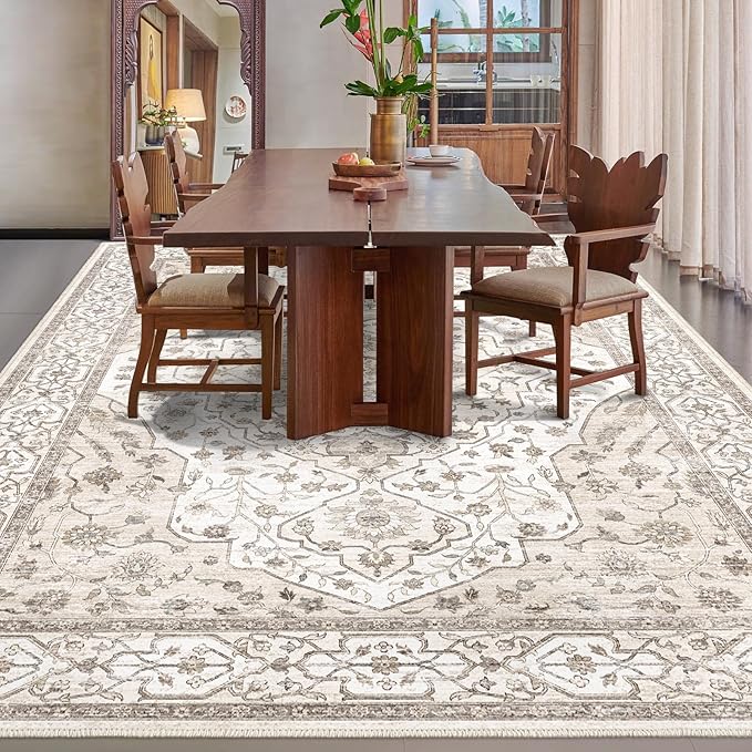 5'x7' Machine Washable Abstract Design Area Rug Machine Washable Area Rugs 5X7, Non Slip, Stain Resistant, Home Decor Living Room Area Rugs 5x7 (Beige Cream 5x7)…