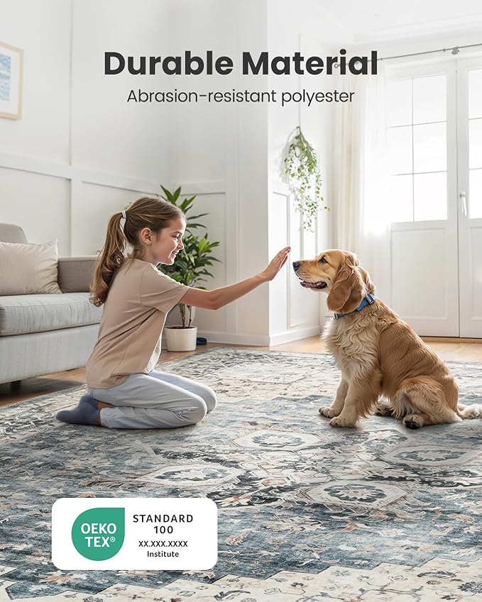 AMADA HOMEFURNISHING 8x10 Washable Area Rug, Low-Profile Large Area Rug with Non-Slip Backing & Durable Edge Binding, Vintage Large Rugs for Living Room, Bedroom, Dinning Room