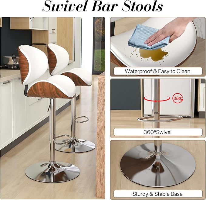 KCC Bar Stools Set of 2, Swivel Adjustable Height Barstools, PU Leather Upholstered Bar Chairs with Footrest, Bentwood Bar Stool for Kitchen, Bar, Dining Room(White PU)