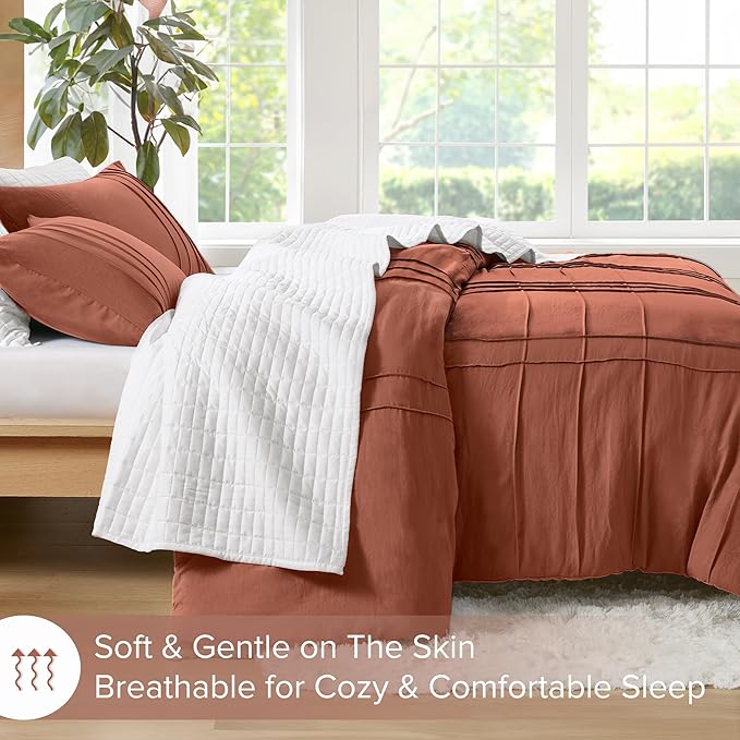Comfort Spaces Clay Queen Size Comforter Set - 3 Pieces Pintuck Pleated Bedding Sets, All Season Lightweight, Extra Softness Pre-Washed Microfiber Queen Bed Set, Shams, Queen