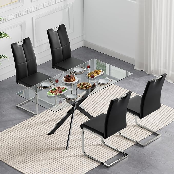 51" Rectangular Glass Dining Room Table for 4 with Tempered Glass Top and Black Metal Legs, Modern Clear Kitchen and Dinner Table for Home Office Dining Room