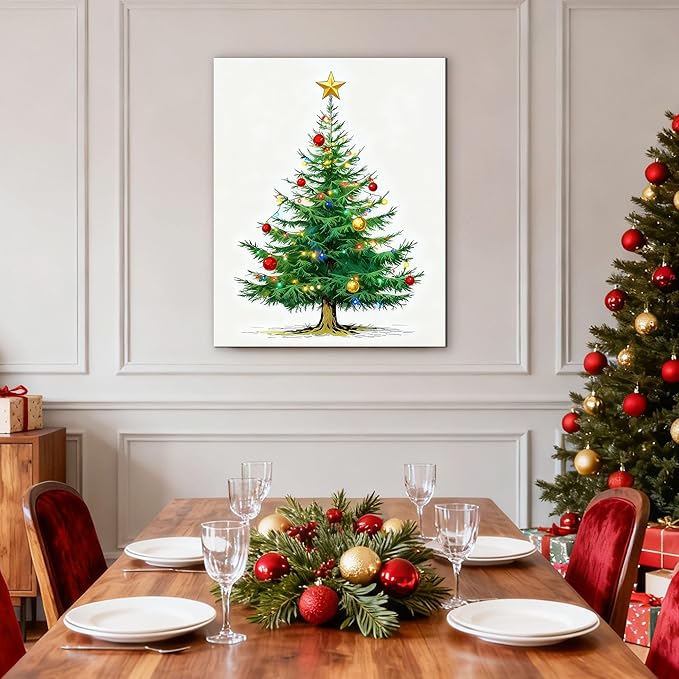Framed Christmas Pictures Wall Decor,Vintage Pine Tree Prints,Winter Christmas Canvas Wall Art Decoration for Bedroom Bathroom Living Room Rustic Xmas Holiday Gifts (Christmas Tree 7, 20'' X 32'')