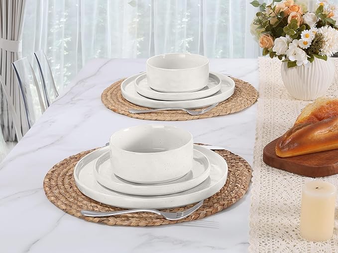 LIANYU Dinnerware Sets with Pasta Bowls for 4, 16 Piece Ceramic Dinner Plates and Bowls Dish Set, Kitchen Speckled Dining Tableware Dishware, Microwave & Dishwasher Safe, Polar White