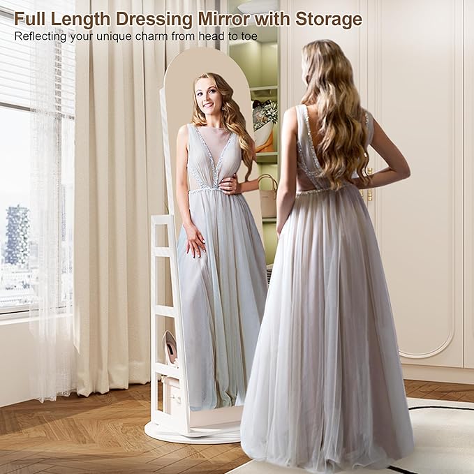 HWB LED Mirror Jewelry Cabinet, 360° Swivel Jewelry Organizer Standing, Arched Wide Full-Length Mirror with Storage Shelves, Interior Mirror, Gift Jewelry Armoire for Lady Girls