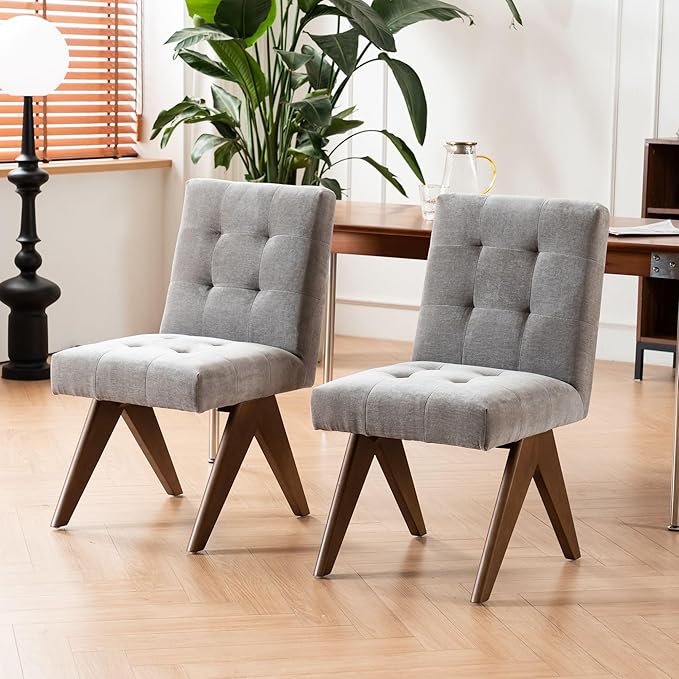 Rowill Modern Upholstered Dining Chairs Parsons Chair Linen Fabric Kitchen Chairs Tufted Armless Dining Room Chairs with Wood Legs Set of 2, Light Grey