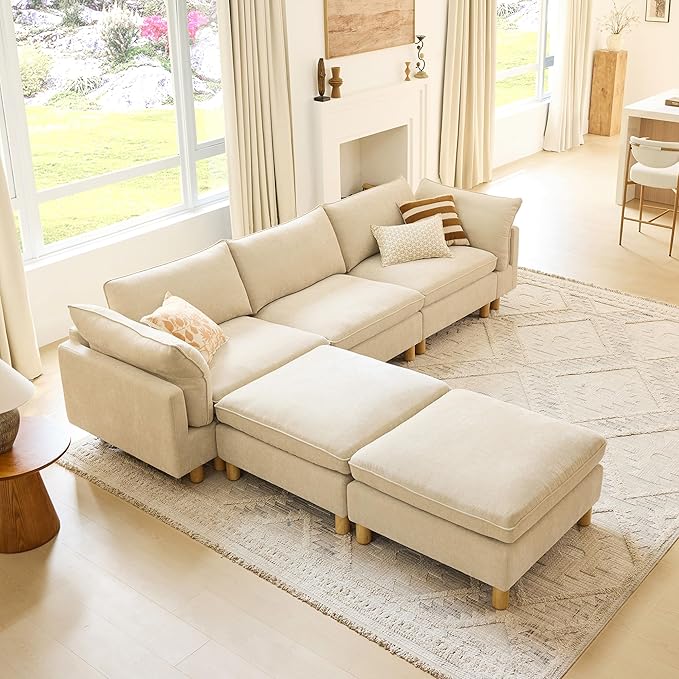 CHITA 127" Super Large Sectional Couches for Living Room, Modular Cloud Couch Sectional Sofa, Premium Fabric Couches, Down Filled, High Density Foam, Chenille in Beige, 5 Seat U Shaped