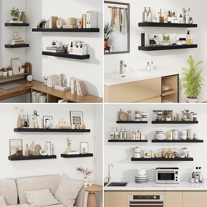 fuqing Floating Shelves for Wall, Wall Mounted Wood Floating Shelf with Invisible Brackets for Living Room, Bathroom, Bedroom, Kitchen Storage and Decor, 30 Inch Set of 2, Black