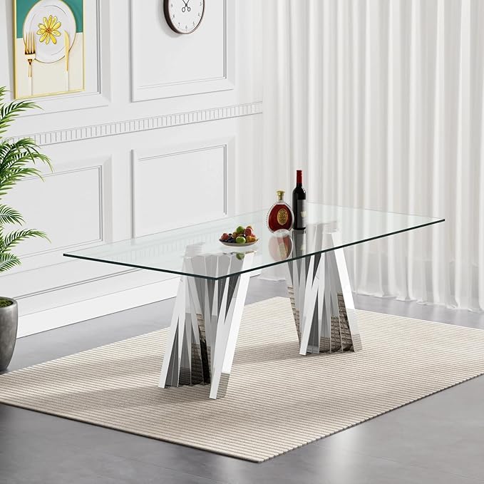 7 Piece Dining Table Set with 6 Black Dining Chairs, Modern Glass Kitchen Table and Chairs Set for 6, 70" Rectangle Silver Glass Pedestal Dining Room Tables with Flash-Shape Stainless Steel Base