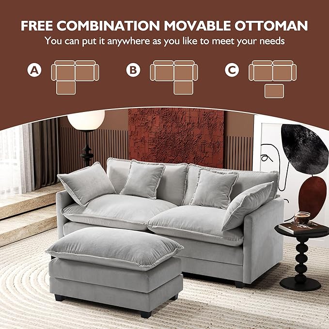 Ihanherry 77" L Shaped Modern Sofa Modular Sectional Cloud Couch with Ottoman, 3-Seat Chenille Deep Seat Sofa with Pillow for Living Room, Bedroom and Apartment, Grey