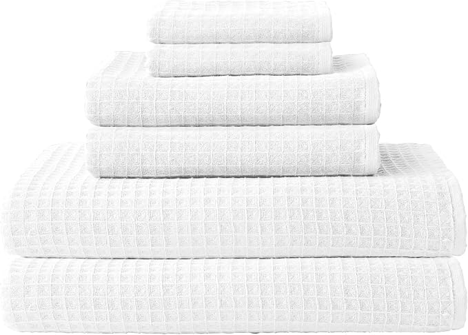 UCHINO Waffle Twist Cotton Weave Towel Set for Bathroom – 2 Bath, 2 Hand, 2 Washcloths, Lightweight Absorbent Quick Dry Honeycomb Texture Solid Terry Loop Reverse, 6 Piece, White