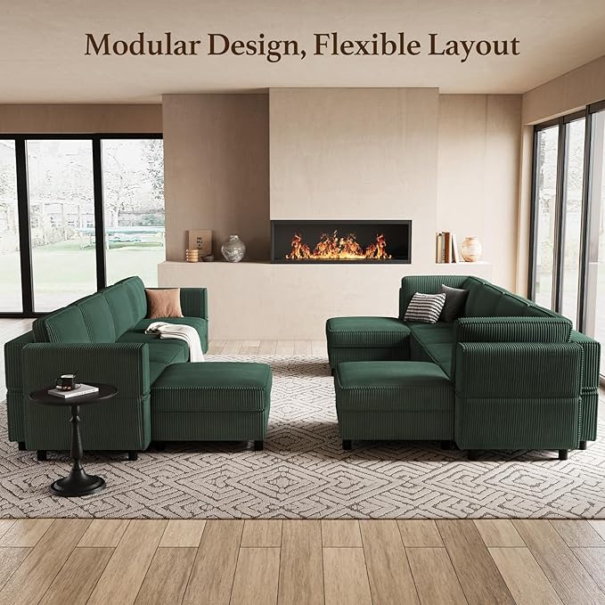 88.6" 9 Seat Modular Sectional Sofa with Deep Storage Seat,Corduroy Comfy Sectional Couch Convertible Modular Sleeper Sofa Couch with Movable Ottoman,Upholstered Couches for Living Room,Green