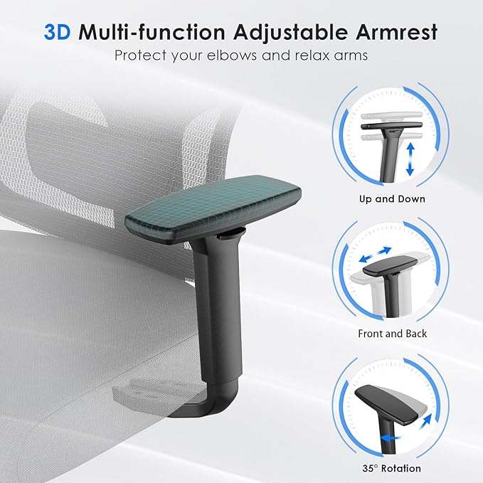 Soohow Ergonomic Office Chair,High Back Desk Chair with Adjustable Lumbar Support and Headrest,Comfy Computer Chair with 3D Armrest Recling Swivel Chair for Home, Office, Study Room, Black & Grey