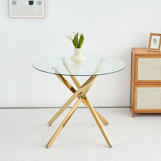 36" Round Glass Dining Table Modern Kitchen Glass Top Table for 4 with Gold Chrome Metal Legs, Clear Dining Table Kitchen Table for Home Office Dining Room