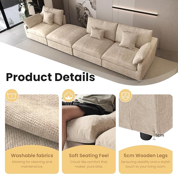WJShome 160" Cloud Couch Sectional for Living Room, Down Filled Modular Sectional Sofa,4 Seater Convertible Couch, Sofa Covers Washable&Replaceable,Khkai