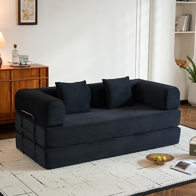 Convertible Sleeper Sofa Bed with Fixed-Shape Frame, Corduroy Folding Boneless Couch with Cylindrical Pillow, Comfy Floor Sofa Couch for Living Room, No Assembly Required, Black
