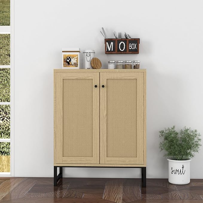 Panana Rattan Decorated 2 Doors Storage Cabinet Accent Cabinet Living Room Cupboard Kitchen Sideboard Buffet Table (Natural)