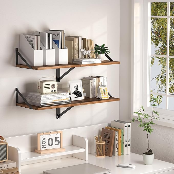 Heimlove 12 Inch Deep Floating Shelves for Wall, 16W x 12D Wood Wall Shelves Set of 2, Walnut Wide Floating Bookshelf for Living Room, Kitchen, Office, Bedroom, with Black Metal Bracke - Walnut