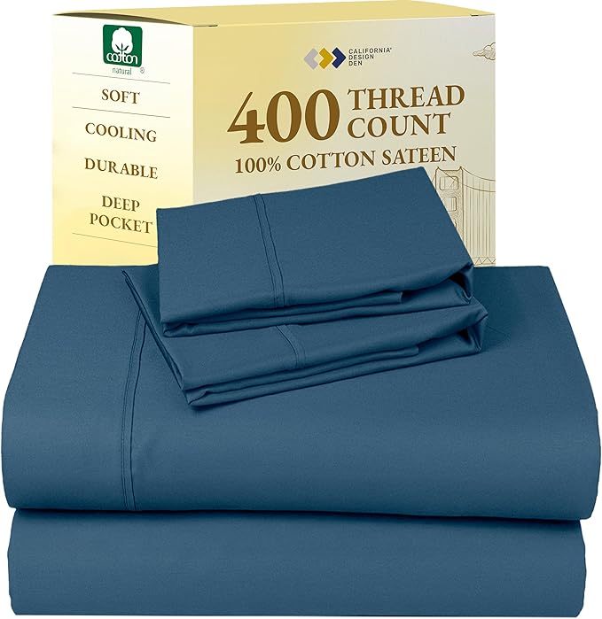 California Design Den Queen Sheet Set - Soft 400 Thread Count Sateen, Natural 100% Cotton Sheets for Queen Size Bed, Deep Pockets for a Snug Fit, Durable Bedding Set - Peacock Blue