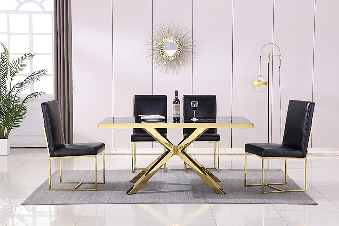 AUZ Dining Chairs, Black and Gold Faux Leather Upholstered Dining Room Chairs with Polished Stainless Steel Legs, Set of 2