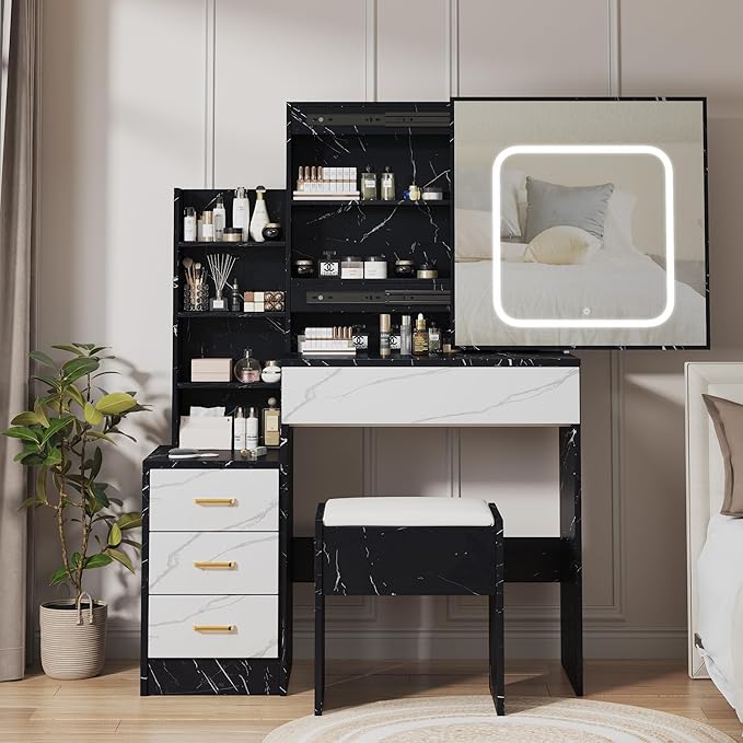 Vanity Desk With Sliding Mirror and LED Light, Makeup Vanity Set With Power Outlet, 3 Color Adjustable Light, Dressing Table With 4 Drawers, Storage Shelve & Stool for Bedroom, Marble-Black & White