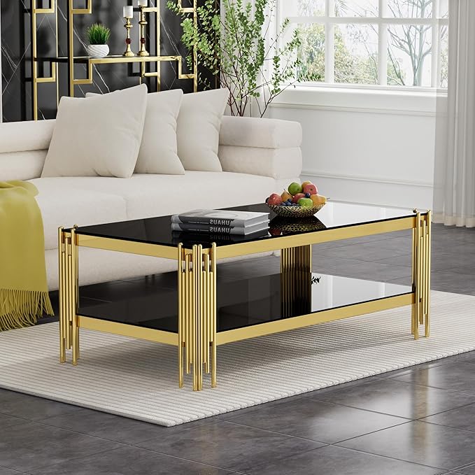 Goujxcy Modern Glass Coffee Table 47" Gold Center Table with Black Glass Top and Mirror Finish Stainless Steel Legs, Luxury Rectangular Coffee Table for Living Room Apartment (Gold)