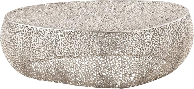 Modern Contemporary Oval-Shape 50" Coffee Table, Solid Aluminum intrigued Design, Mesh Cocktail Table, Creative Center Table for Living Room and Bedroom, Casted in Silver