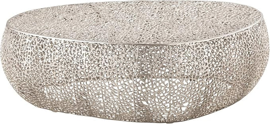 Modern Contemporary Oval-Shape 50" Coffee Table, Solid Aluminum intrigued Design, Mesh Cocktail Table, Creative Center Table for Living Room and Bedroom, Casted in Silver