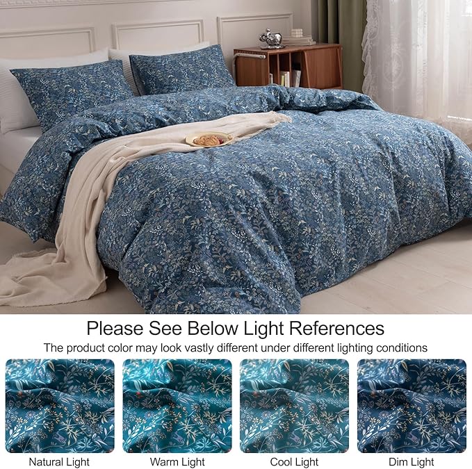 EAVD Vintage Style Garden Blue Floral Comforter Set Queen Fluffy Microfiber Floral Botanical Bedding Set 1 Queen Comforter with 2 Pillowcases Reversible Cottagecore Comforter Set for All-Season