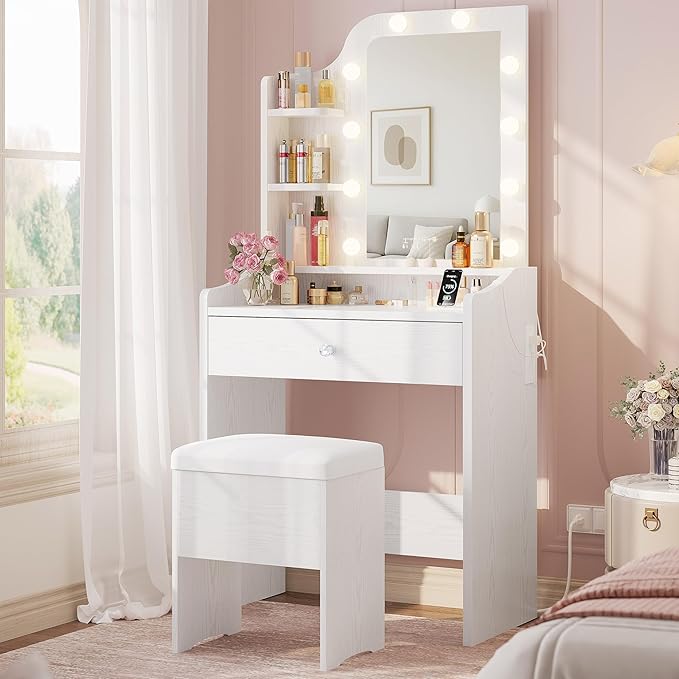 LIKIMIO Small Makeup Vanity Desk with Mirror and Lights, Vanity Table Set with Storage Stool, Makeup Drawer Organizer, Power Outlet, 3 Color Modes Adjustable Bulb, White Vanity for Bedroom