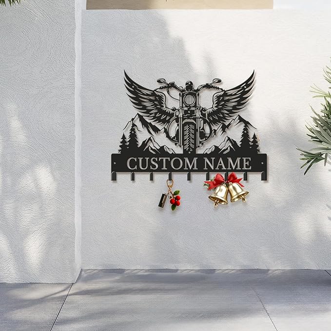 Personalized Motorcycle Metal Key Holder, Custom Last Name Metal Wall Sign, Hanging Storage Rack for Garage and Home Decor (Style-3)