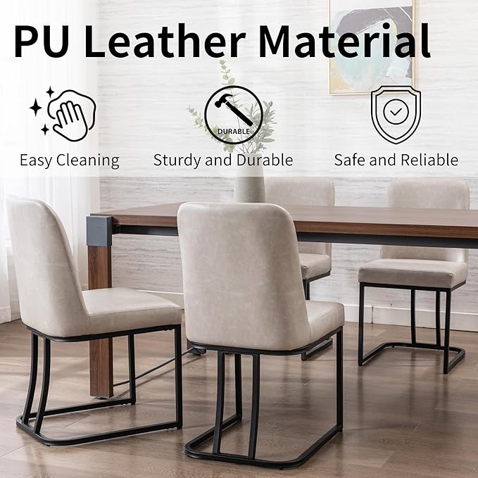 Grey PU Leather Dining Chairs Set of 4 Mid Century Modern Comfortable Dining Room Chair with Curved Backrest, Upholstered Kitchen Side Chairs with Black Metal Legs