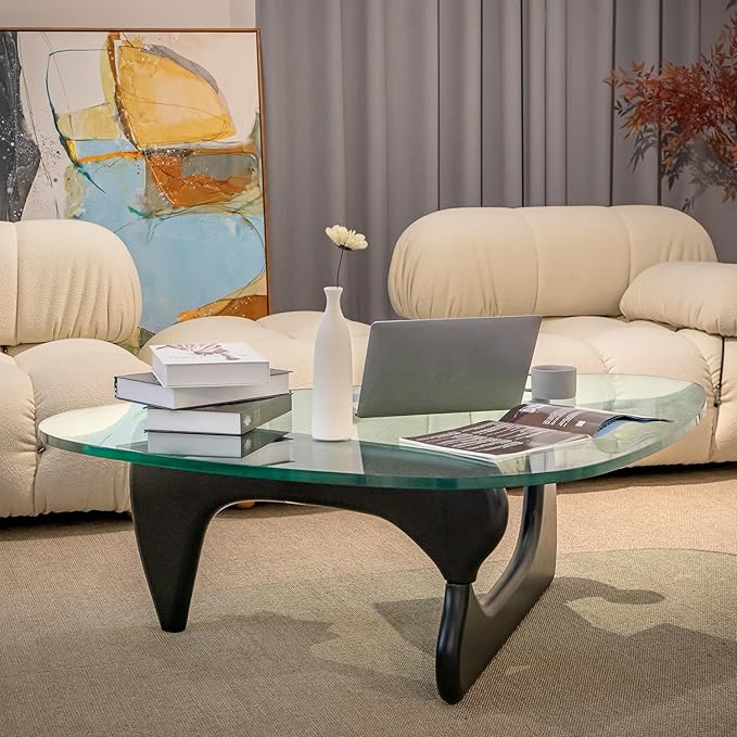 Triangle Glass Coffee Table with Solid Wood Base, 0.8'' Thick Clear Glass Top, 51'' Width Mid Century Modern Coffee Table for Living Room Bedroom Reception (Black)