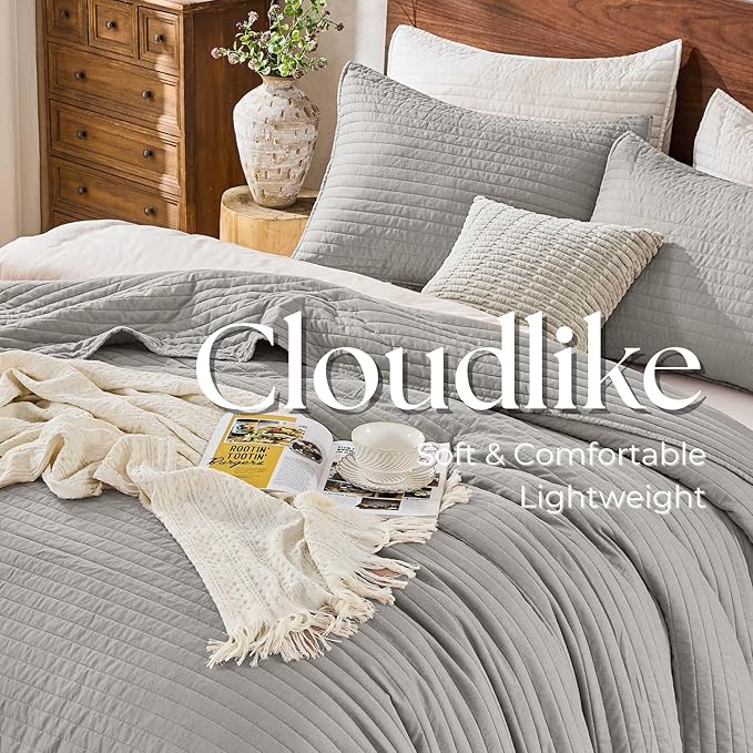DOWN HOME Queen Quilt Bedding Set with Shams, Vintage Washed Soft Quilted Blanket Thin Comforter Lightweight Bedspread Coverlet Bed Cover, Brushed Microfiber Stripe Stitching, Light Gray, 86"x90"