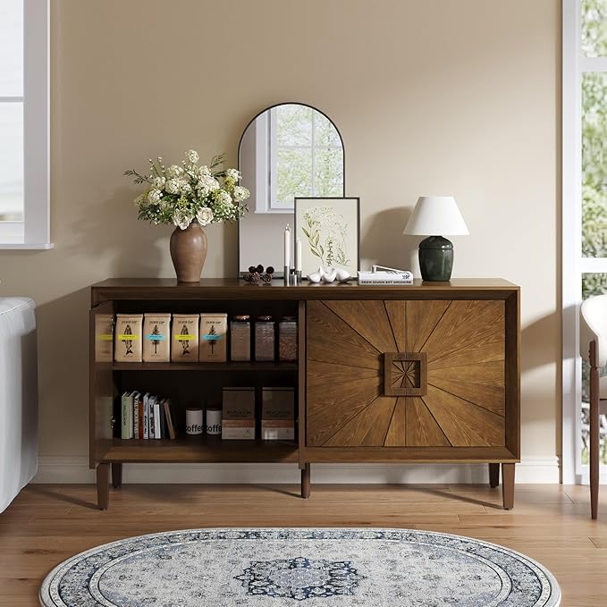 60'' Rustic Large Sideboard with 4 Doors and Adjustable Shelves, Heavy-Duty Antique Wood Entryway Console Table TV Stand for Living Room Dining Room (Antique Brown-10.2)