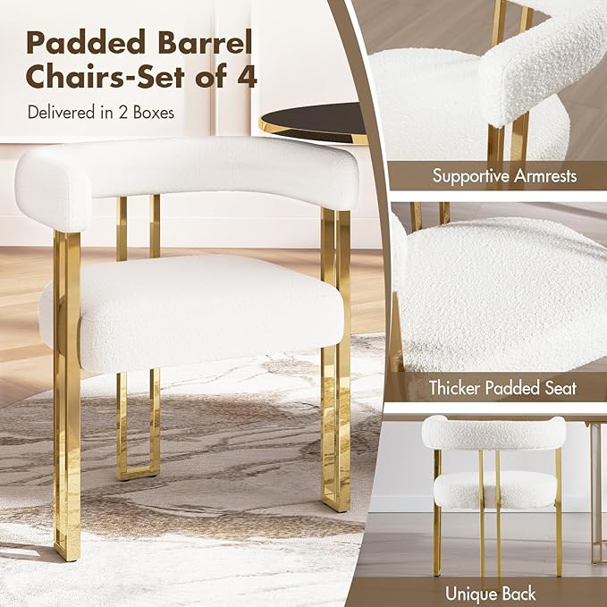 Set of 4 Modern White Boucle Dining Chairs with Gold Metal Legs, Mid Century Accent Upholstered Barrel Armchairs with Open-Back for Kitchen, Dining Room, Living Room, Apartment