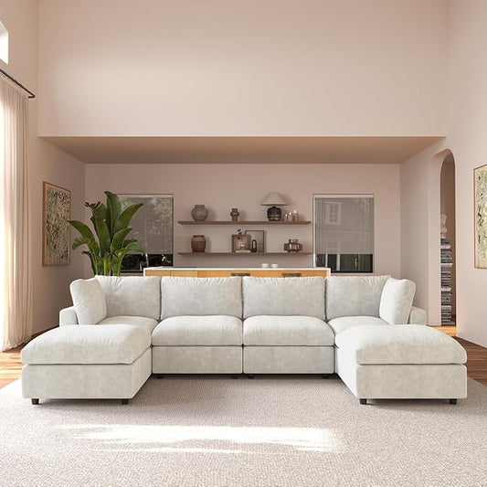 JACH U Shape Sectional Couches for Living Room, Modular Sofa with Chaise Ottomans, Cloud Sectional Couch, Sofa Covers Washable, Minimalist Couch for Living Room, Apartment, Beige