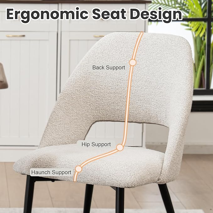 Rowill Dining Chairs Set of 2 Upholstered Dining Room Chairs Mid Century Modern Dining Chairs Kitchen Chairs Accent Chair with Metal Legs for Living Room Bedroom, Boucle Fabric Beige