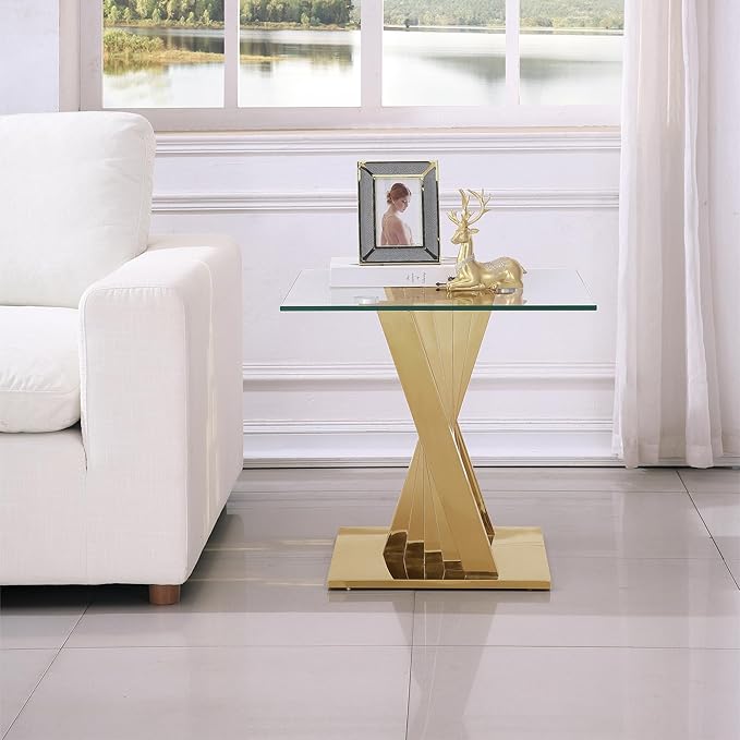 Goujxcy Modern Glass End Table Gold Sofa Side Table with Tempered Glass Top and Mirror Finish Stainless Steel Legs, Luxury Square Sofa Side Table Bedside Table for Living Room Bedroom (Gold)