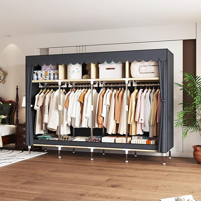 Portable Wardrobe Closet Durable and Easy to Assemble Heavy Duty Clothes Rack with Non-Woven Cover Fabric Best for Bedroom and Easy Storage and Organization (Grey-B)